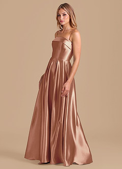 Azazie Lucienne 신부 들러리 드레스 A라인 주름진 메탈릭 새틴 바닥 길이 드레스 image4