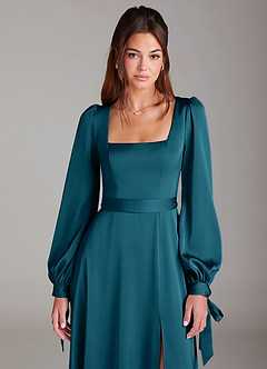 Azazie Leonia Robes de demoiselle d'honneur Robe Trapèze en Satin extensible Manche longue Bleu Encre image6