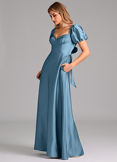 Azazie Fatima Robes de demoiselle d'honneur Robe Trapèze en Satin extensible Plissée Acier Bleuté image5