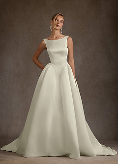 Azazie Odette Wedding Dresses Cream Ball-Gown Boatneck Satin Dress image1