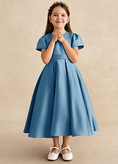 Azazie Princess vestidos de niña de las flores Vestido de Azul Acero de Satin Mate de Corte En A con Plisado image4
