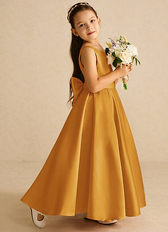 Azazie Pipsy Flower Girl Dresses Butterscotch A-Line Bow Matte Satin Dress image3
