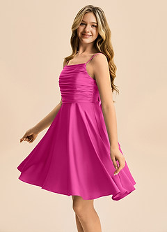 Azazie Miko Junior Fuchsia A-Line Pleated Stretch Satin Dress image7