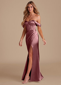 Azazie Asha Jurken voor bruidsmeisjes Jurk van Metaalachtig Satijn met Kolom Off the Shoulder Vintage Mauve image3