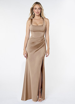 Azazie Mero Vestidos de damas de honor Vestido de Gris Pardo de Satén Elástico de Corte Recto con Plisado image1