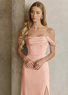 Azazie Saige Bridesmaid Dresses Rose Gold Sheath Off the Shoulder Stretch Satin Dress image2