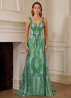 Jade Green Sequin Satin Side Split Deep V-neck Mermaid Marine Prom Dress image6