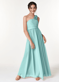 Azazie Flower Junior Robe Trapèze en Mousseline de soie Plissée Aqua image3