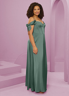 Barbie ♥ Azazie Final Sale Eucalyptus A-Line Off the Shoulder Stretch Satin Dress image12