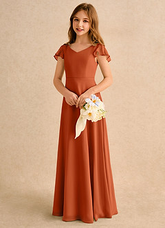 Azazie Nari Girls Formal Robe Demoiselle D'honneur Fillette Robe Trapèze en Mousseline de soie avec manches Orange Brûlée image3