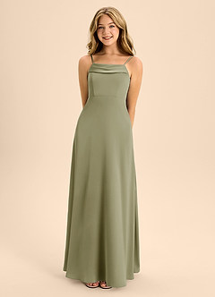 Azazie Anselie Junior Pistachio A-Line Off the Shoulder Stretch Satin Dress image4