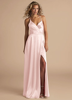 Azazie Davis Bridesmaid Dresses Blushing Pink A-Line Pleated Metallic Satin Dress image2