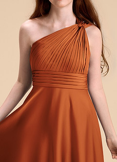 Azazie Charlize Junior Cinnamon A-Line Pleated Stretch Satin Dress image7