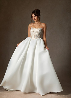 Azazie Mirabeth Wedding Dresses Diamond White Sand Ball-Gown Strapless Lace Dress image6