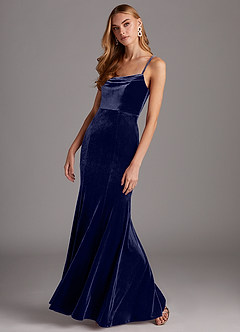 Azazie Solange Bridesmaid Dresses Dark Navy Sheath Pleated Velvet Dress image3
