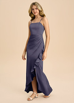 Azazie Buzzy Junior Robe Fourreau en Satin extensible Plissée Bleu Orageux image7