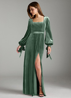Azazie Leonia Bridesmaid Dresses Eucalyptus A-Line Long Sleeve Velvet Dress image3