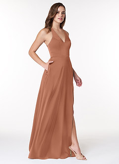 Azazie Ceria Final Sale Bronzer A-Line V-Neck Stretch Satin Dress image4