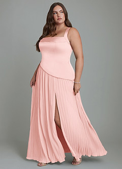 Azazie Stephanie Robes de demoiselle d'honneur Robe Trapèze en Satin extensible Plissé Rose Poudré image11