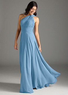 Azazie Charlize Vestidos de damas de honor Vestido de Azul Acero de Gasa de Corte en A con Hombro unilateral image1