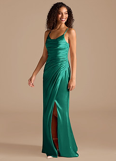 Azazie Deandra Bridesmaid Dresses Emerald Mermaid Pleated Metallic Satin Dress image3