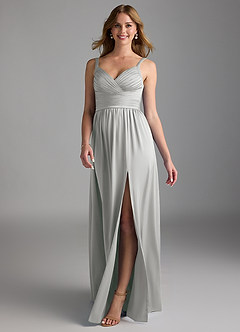 Azazie Chanel Brautjungfernkleider A-Linie Plissee Stretch-Satin Kleid Silber image1