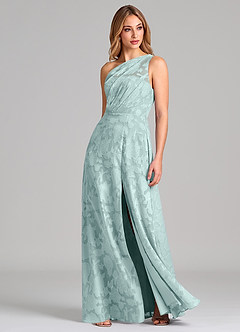 Azazie Phaedra Bridesmaid Dresses Mist A-Line One Shoulder Floral Burnout Dress image3