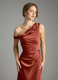 Azazie Emerson Bridesmaid Dresses Terracotta Mermaid Off the Shoulder Stretch Satin Dress image2