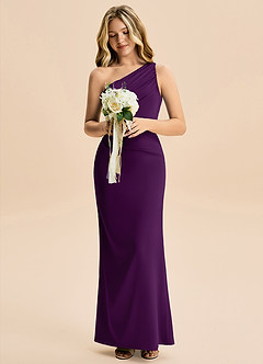 Azazie Akilah Junior Vestido Uva de Cetim elástico de Bainha com Plissado image4