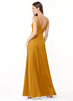 Azazie Dalilah Bridesmaid Dresses Butterscotch A-Line V-Neck Pleated Stretch Satin Dress image2