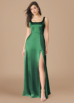 Azazie Joyce Bridesmaid Dresses Dark Green A-Line Side Slit Metallic Satin Dress image1