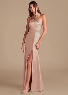 Azazie Rue Bridesmaid Dresses English Rose Mermaid Pleated Metallic Satin Dress image5