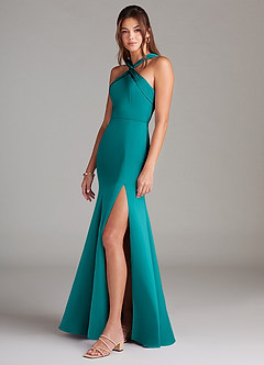 Azazie Rue Bridesmaid Dresses Teal A-Line Pleated Stretch Satin Dress image5