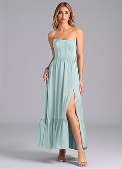 Azazie Leilana Bridesmaid Dresses Mist A-Line Corset Stretch Satin Dress image3
