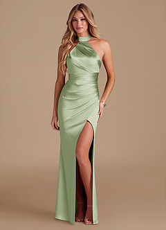 Azazie Karlotta Bridesmaid Dresses Dusty Sage Sheath Pleated Metallic Satin Dress image1