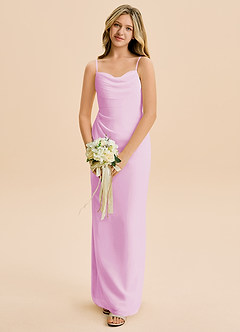 Azazie Mai Junior Vestido de Rosa Caramelo de Gasa de Corte Recto con Plisado image4