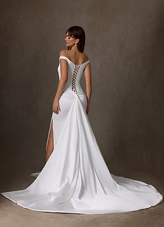 Azazie Marciana Wedding Dresses Diamond White Sheath Off the Shoulder Stretch Satin Dress image2