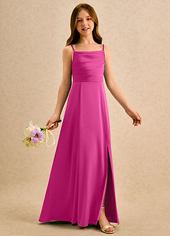 Azazie Chamomile Girls Formal Flower Girl Dresses Fuchsia A-Line Pleated Stretch Satin Dress image2