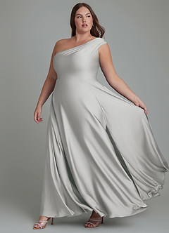 Azazie Melanie Jurken voor bruidsmeisjes Jurk van Stretch Satijn met A-lijn Off-shoulder Zilver image10