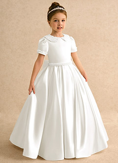 Azazie Gabriella Blumenmädchenkleider Ballkleid mit ärmel Matte Satin Kleid Elfenbein image5