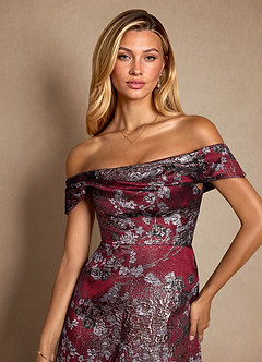 Azazie Marceline Mère de la mariée Robes Robe Trapèze en Jacquard Épaule décolletée Merlot Floral image5