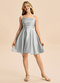 Azazie Miko Junior Silver A-Line Pleated Stretch Satin Dress image5