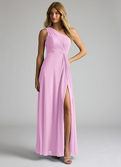 Azazie Brooke Bridesmaid Dresses Candy Pink A-Line One Shoulder Mesh Dress image3