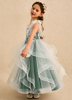 Azazie Zoey vestidos de niña de las flores Vestido Verde Oscuro de Tul de Corte Princesa con Encaje image4