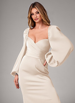Azazie Sonata Bridesmaid Dresses White Alabaster Sheath Long Sleeve Stretch Satin Convertible Dress image6