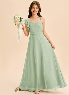 Azazie Kelsea Junior Abito A-Line in Chiffon Increspato Verde Salvia image3