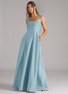 Azazie Shaude Robes de demoiselle d'honneur Robe Trapèze en Satin extensible Plissée Bleu Maussade image4