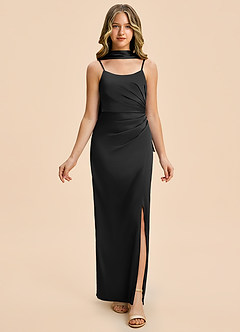 Azazie Calandra Junior Vestido Negro de Satén Elástico de Corte Recto con Plisado image5