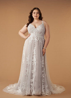 Azazie Delaina Vestidos de novia Vestido de Blanco Diamante Moca de Tul de Corte en A con Lentejuelas cuello pico image13