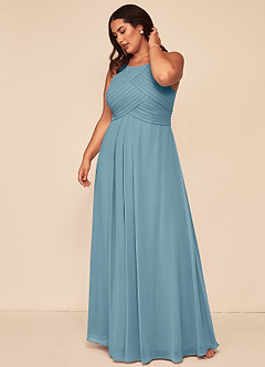 Azazie Ginger Bridesmaid Dresses Moody Blue A-Line Halter Pleated Chiffon Dress image12